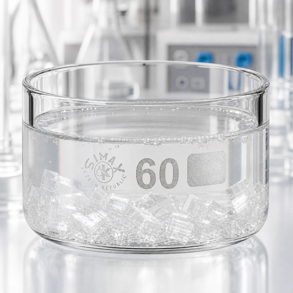 Coupelle de cristallisation 60 ml sans bec verseur Cuve de cristallisation transparente de 60 ml avec des glaçons et des bulles d'eau dans un laboratoire scientifique