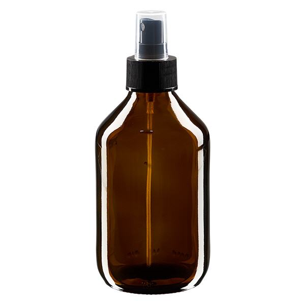 Flacon médical norme européenne de 250 ml avec spray noir GCMI 28/410 et couvercle transparent, standard Flacon médical norme européenne de 250 ml avec spray noir GCMI 28/410 et couvercle transparent, standard