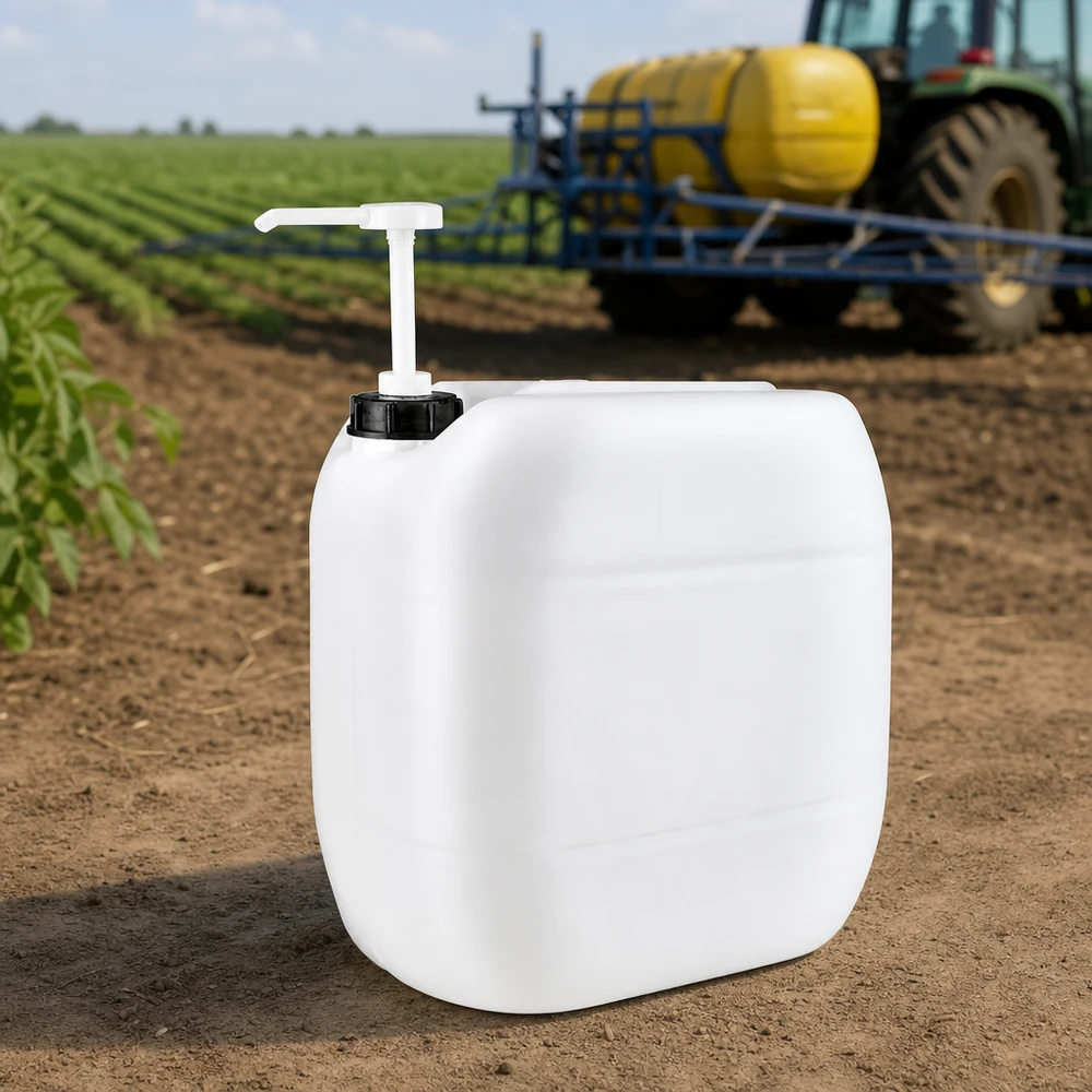 Bidon de 30 litres équipé d'une pompe doseuse, utilisé dans le cadre d'une exploitation agricole sur un champ