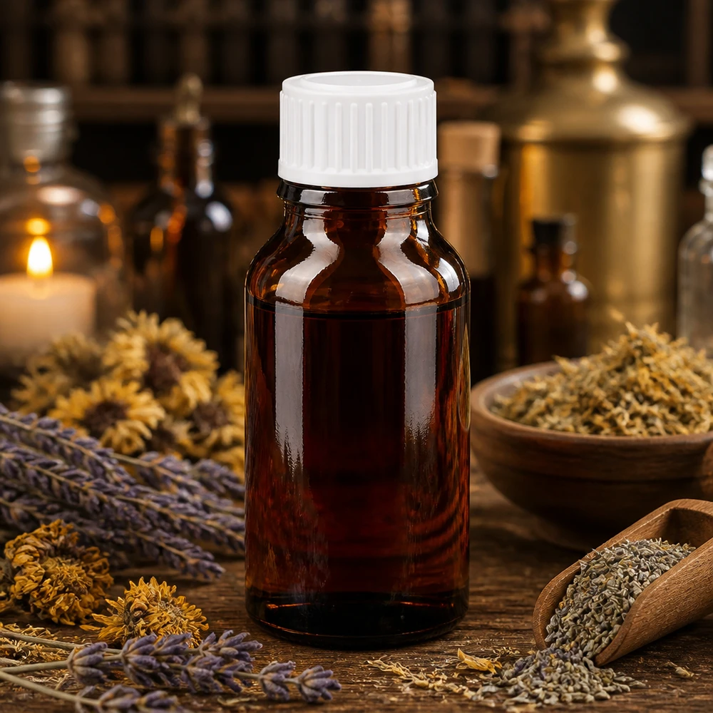 Flacon de pharmacie de 15 ml en verre brun avec bouchon à vis blanc, contenant des herbes séchées et de la lavande