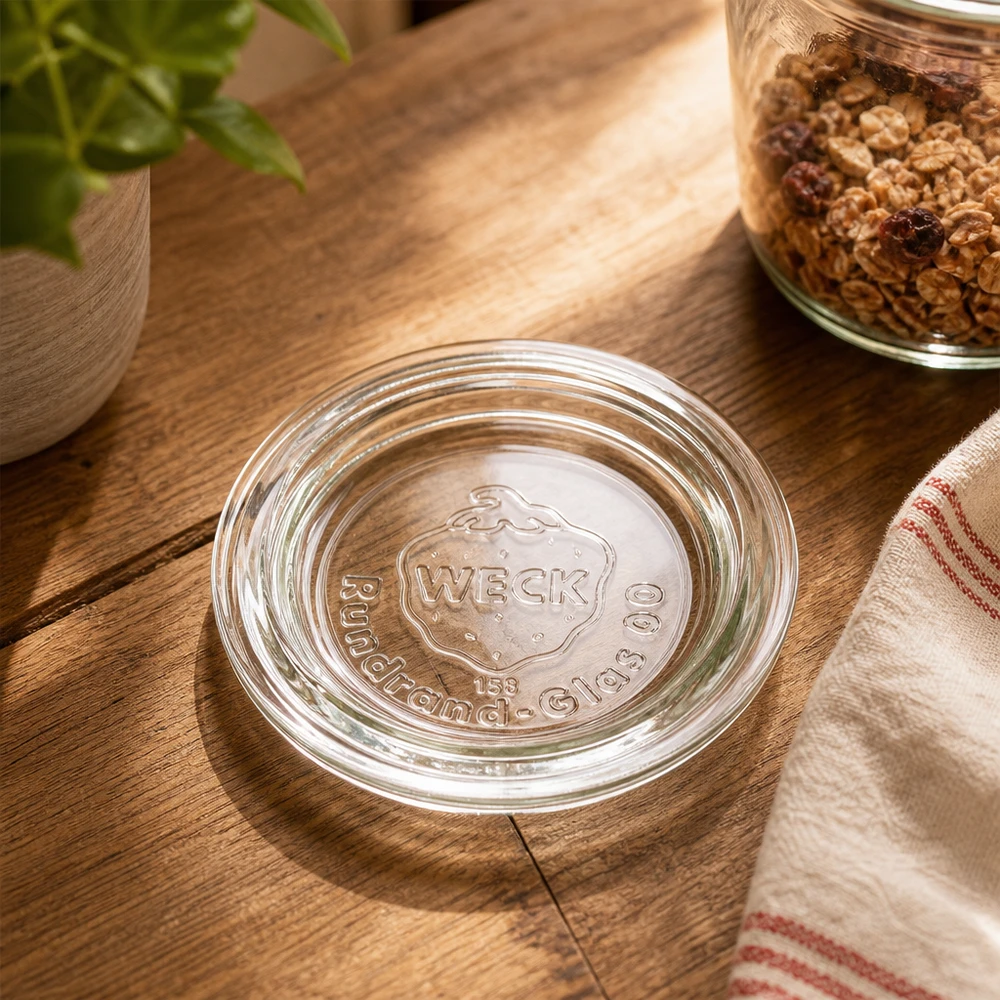 WECK Couvercle en verre RR60 transparent sur table en bois avec pot de conservation des céréales et textile de cuisine scène de cuisine rustique