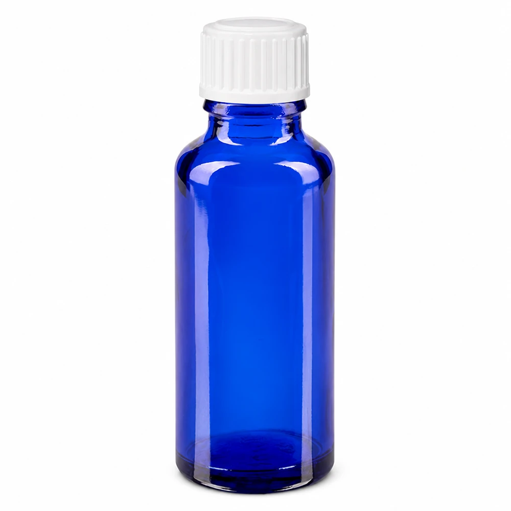 Flacon de pharmacie bleu 30ml bouchon vissable blanc standard Flacon de pharmacie en verre bleu de 30 ml avec bouchon à vis blanc de 11 mm
