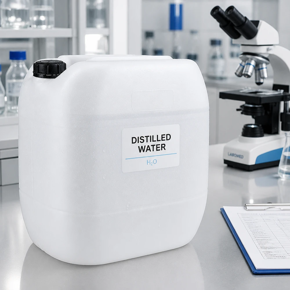 Eau distillée H₂O en bidon de 30 litres muni d'un bouchon à vis, en laboratoire
