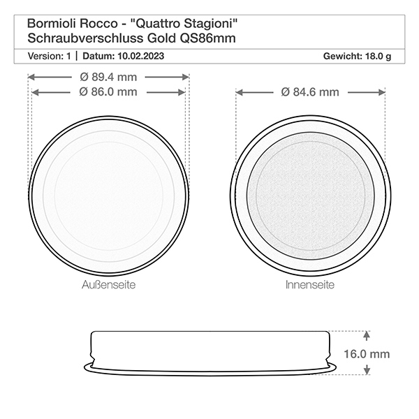Verre renversé de 200 ml « Quattro Stagioni » avec couvercle Dessin technique Bormioli Rocco Quattro Stagioni Couvercle QS86mm avec dimensions Diamètre 89,4mm Poids 18g