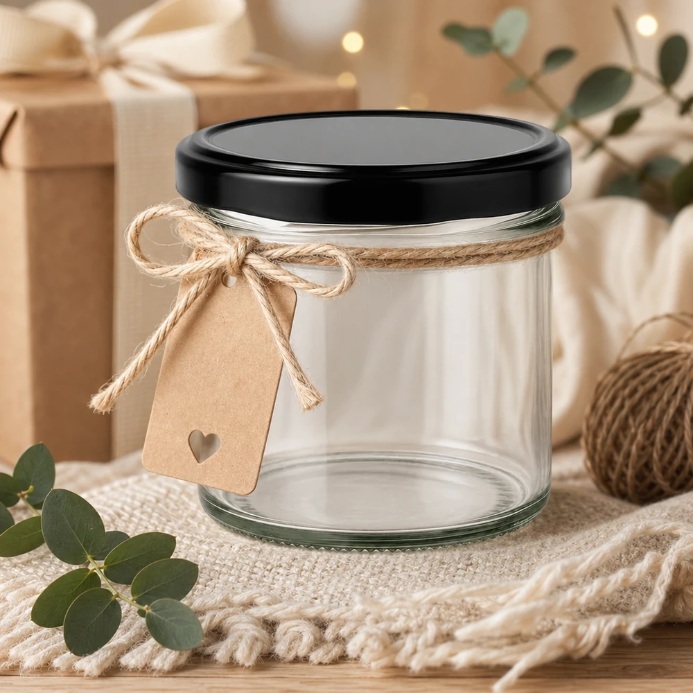Verre renversé de 125 ml avec couvercle noir comme idée de cadeau décoré avec une corde de jute et un pendentif en forme de cœur rustique