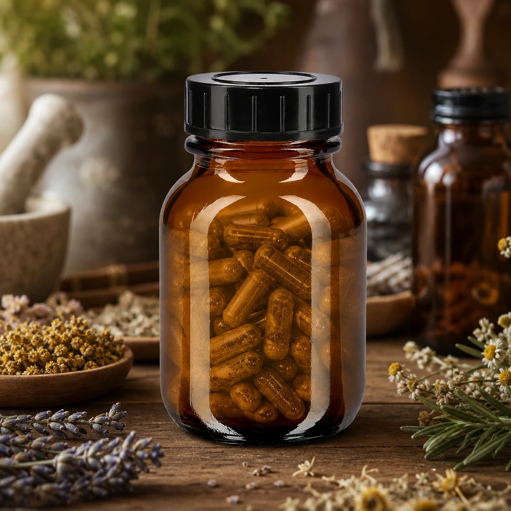 Bocal à col large en verre ambré 50 ml + couvercle à vis Bouteille brune à col large de 50ml avec bouchon à vis, idéale pour les gélules et les compléments alimentaires