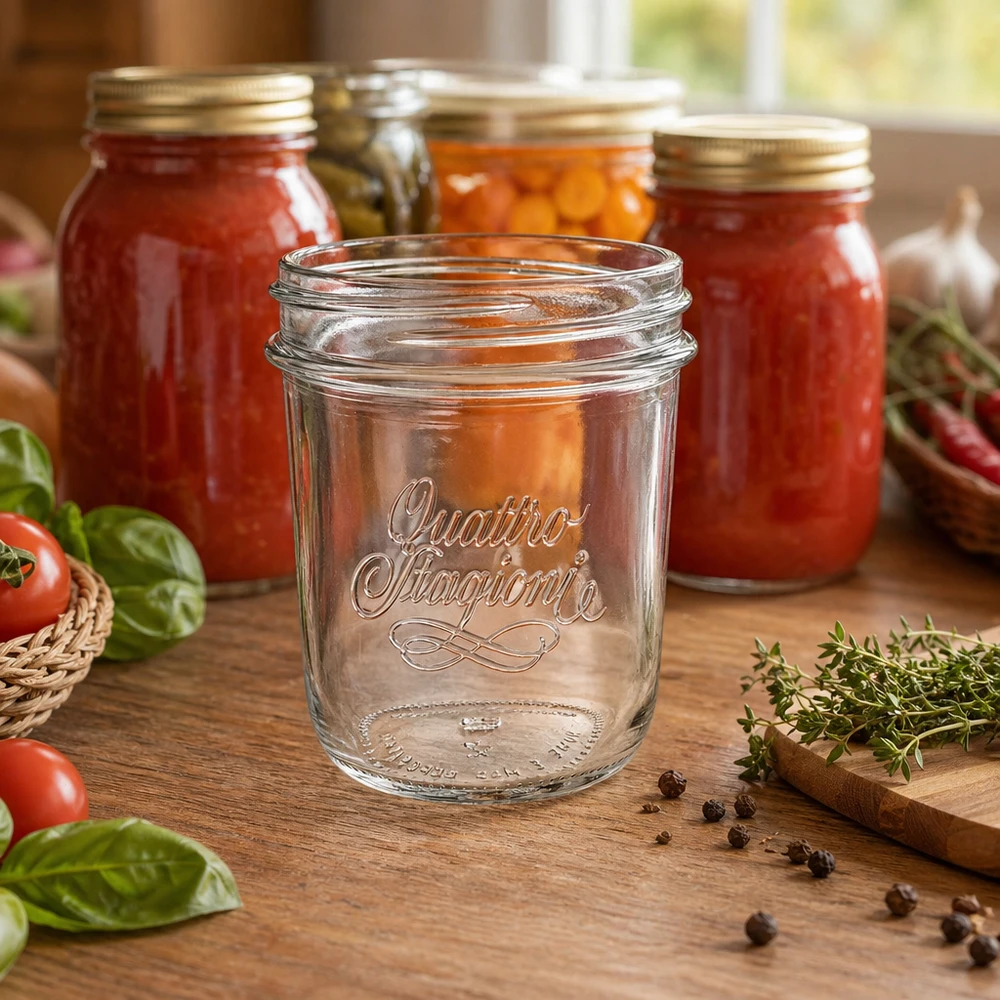 320ml Verre à pied 'Quattro Stagioni' QS86mm Pot de 320 ml Quattro Stagioni avec filetage QS86mm sur table en bois devant des bocaux de tomates et d'herbes aromatiques