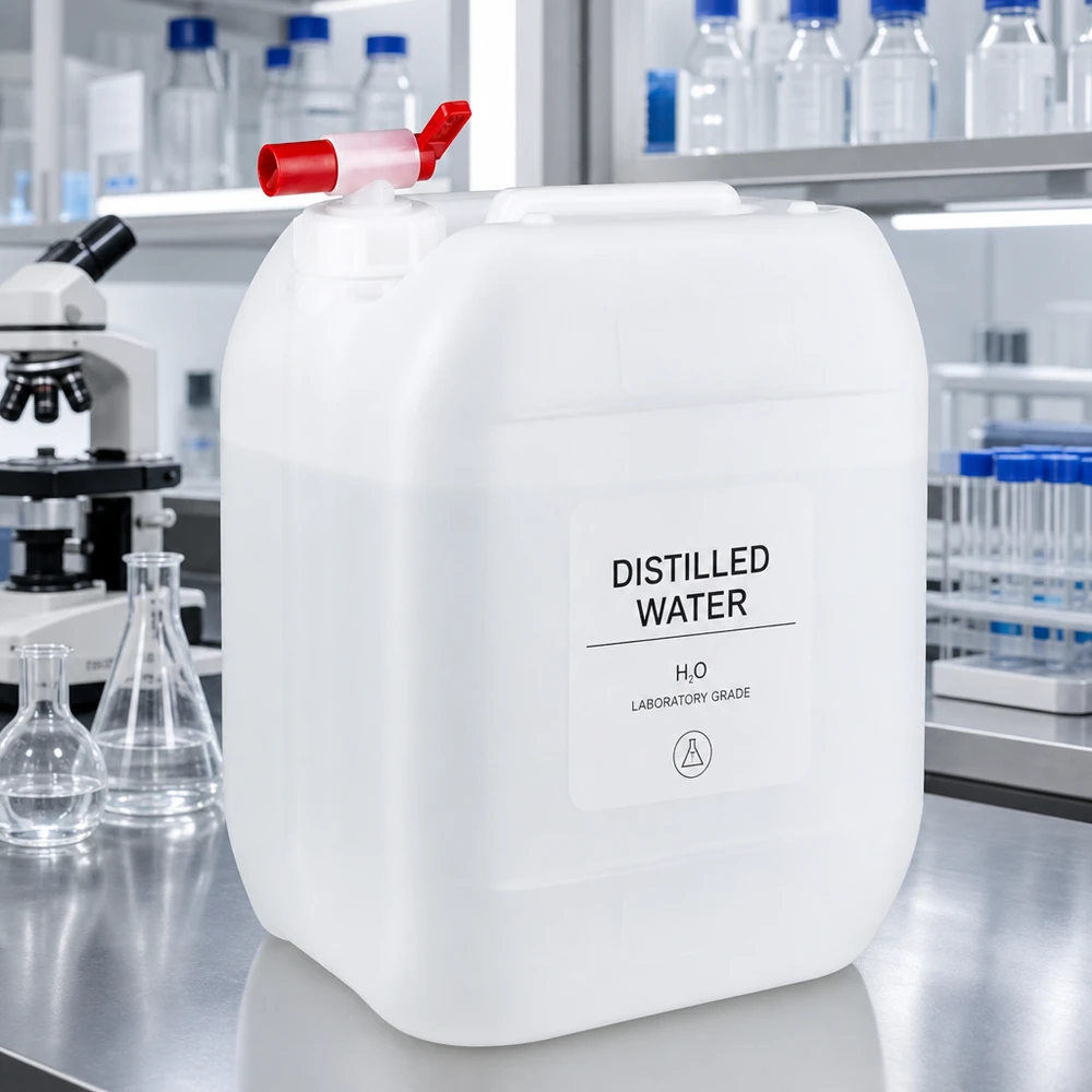 Bidon de laboratoire de 10 litres muni d'un robinet de vidange rouge, rempli d'eau distillée, posé sur une table en acier inoxydable