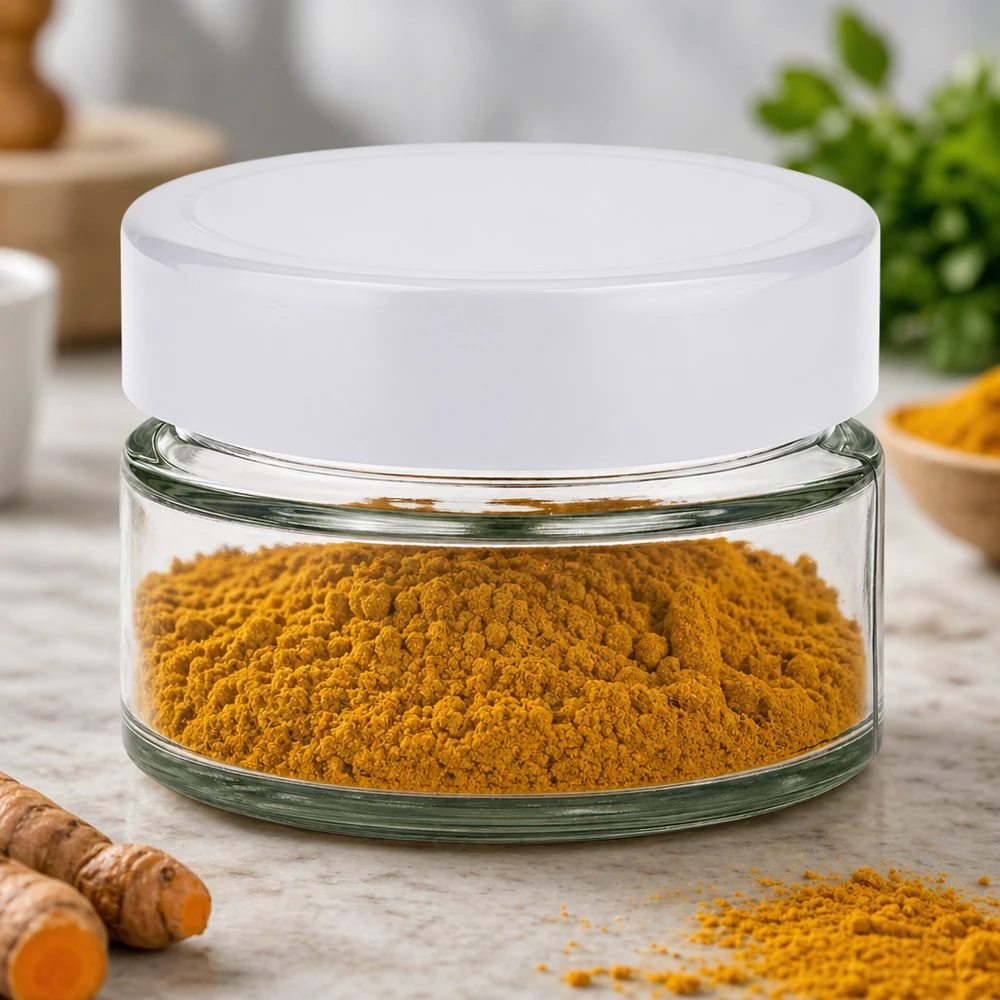 Bocal rond de 130ml avec couvercle BasicSeal rempli de poudre de curcuma jaune - Conservation des épices dans un pot en verre