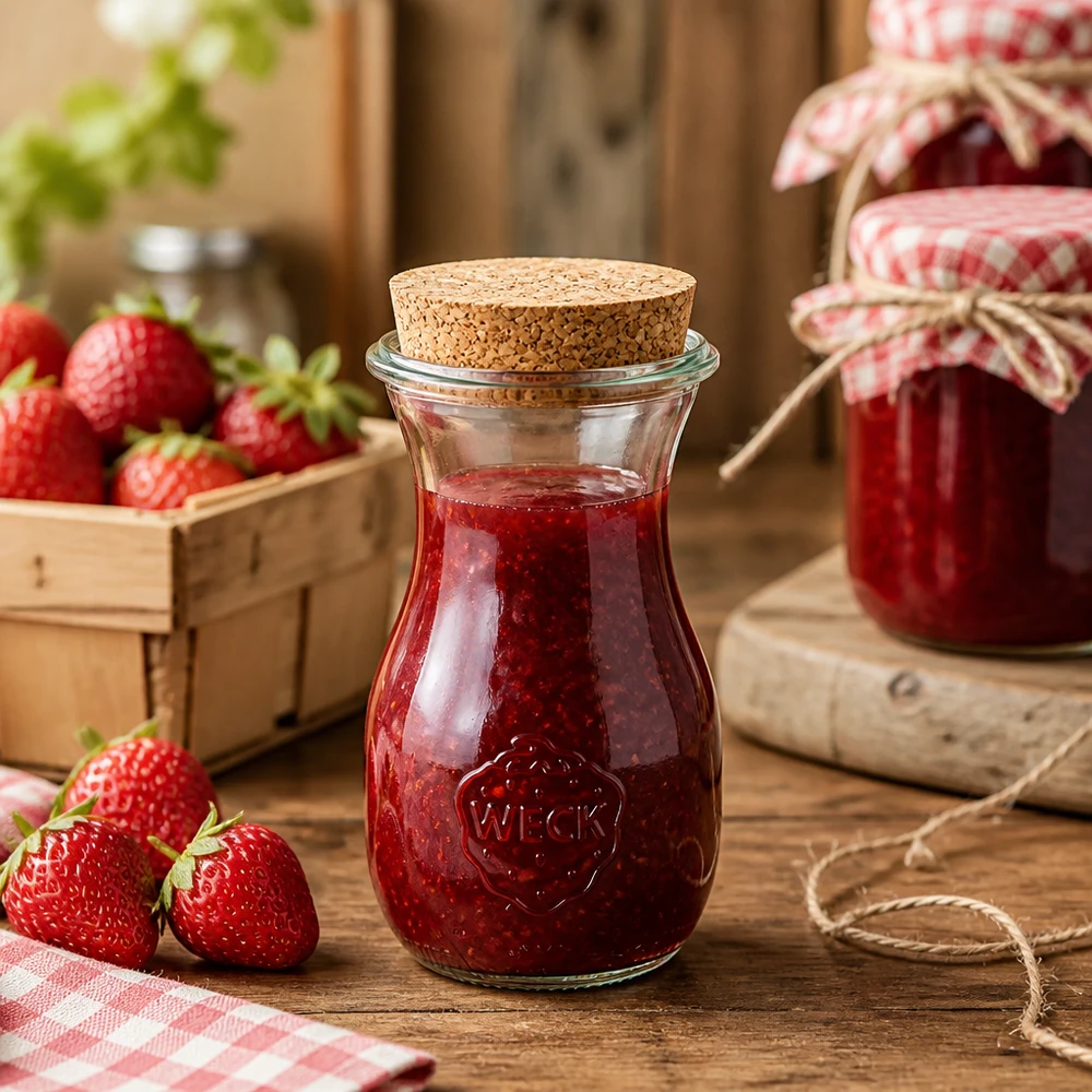 WECK Bouteille de jus 290ml avec bouchon remplie de confiture de fraises dans une cuisine rustique avec des fraises fraîches
