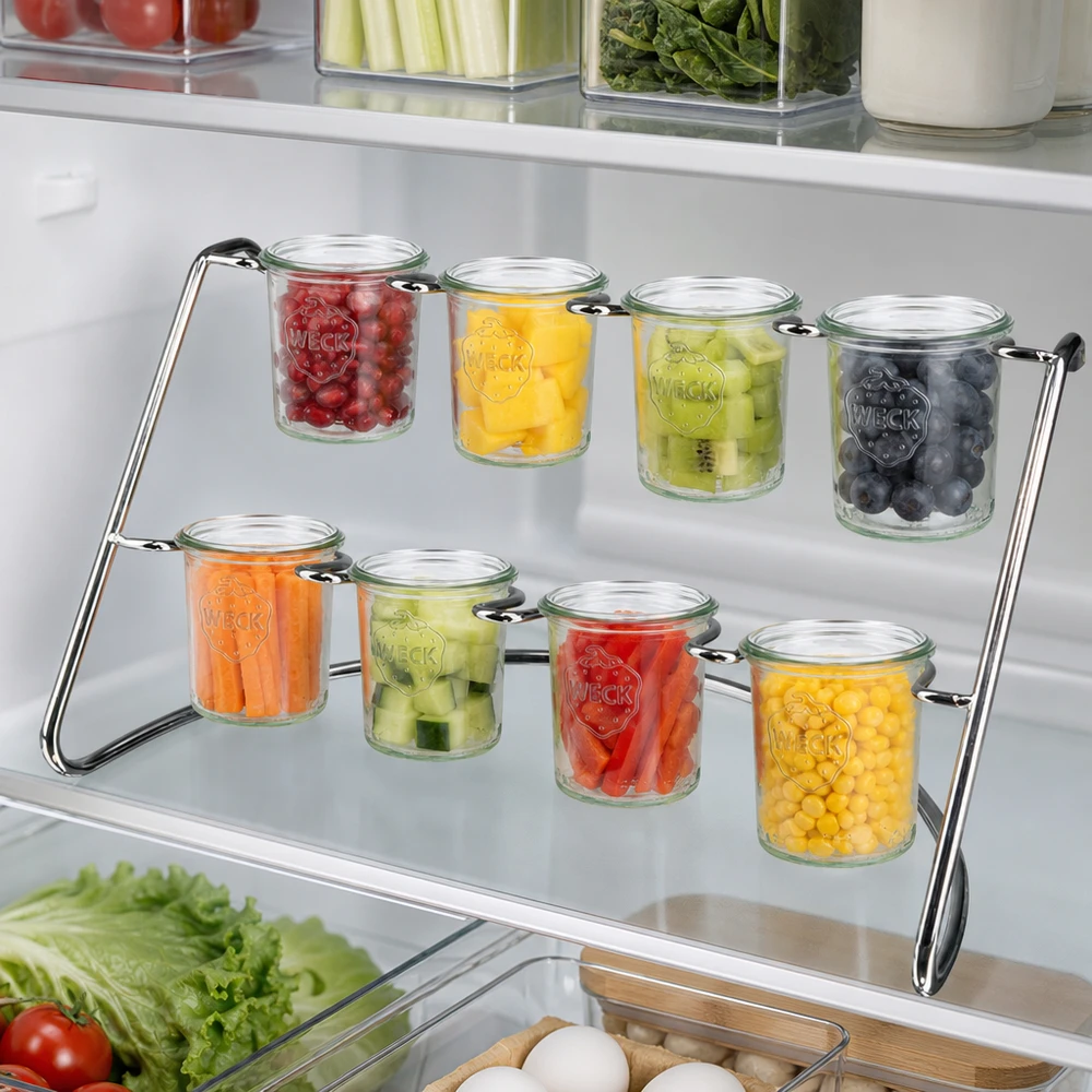 Présentoir Flato8 pour 8 bocaux WECK Support de service Flato8 dans le réfrigérateur avec des légumes et des fruits frais dans des bocaux renversés WECK pour une conservation pratique