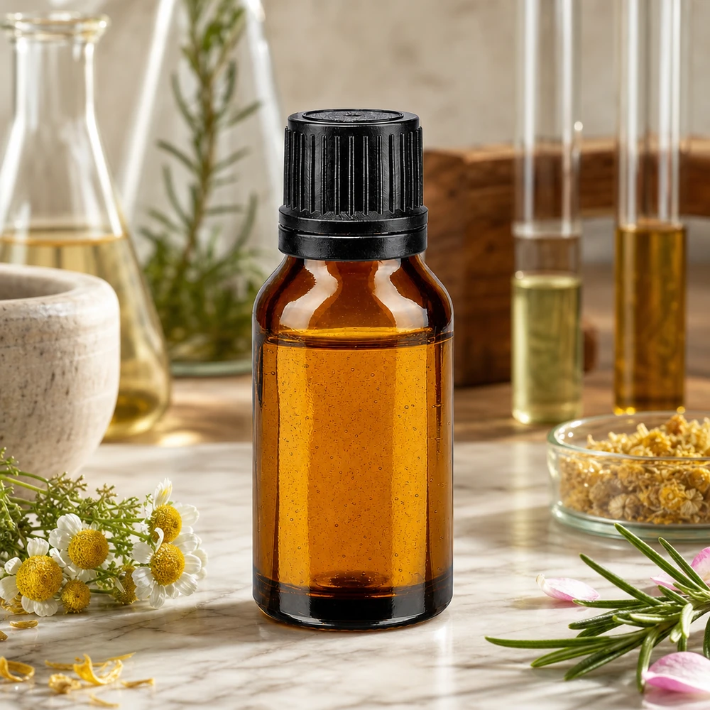 Flacon ambré de 15 ml muni d'un bouchon à vis noir, entre des fleurs de camomille et du romarin
