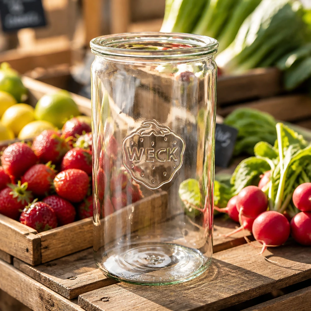 1590ml bocal cylindrique avec bouchon en verre WECK RR100 WECK Pot cylindrique 1590ml RR100 sur caisse en bois avec radis frais frais fraises et légumes dans un environnement naturel