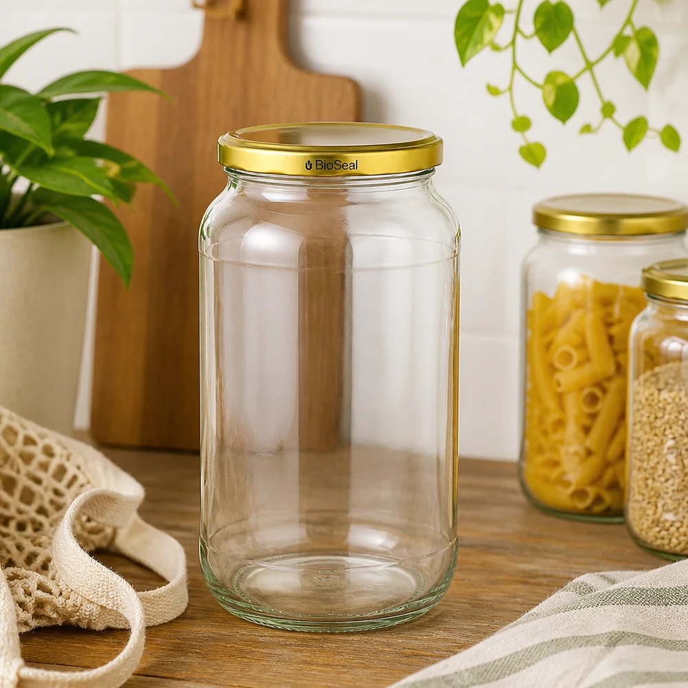 1062ml Verre rond avec couvercle BioSeal or UNiTWIST UNiTWIST Runda1062 Bocal à provisions vide TO82 doré Couvercle BioSeal Scène de cuisine Pâtes Céréales conservation durable