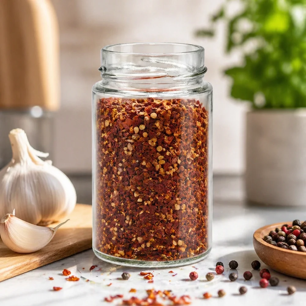 245ml Verre rond sans couvercle (TO58deep) UNiTWIST UNiTWIST Runda245 Verre rond 245ml TO58deep rempli de mélange d'épices au piment dans une cuisine moderne avec de l'ail