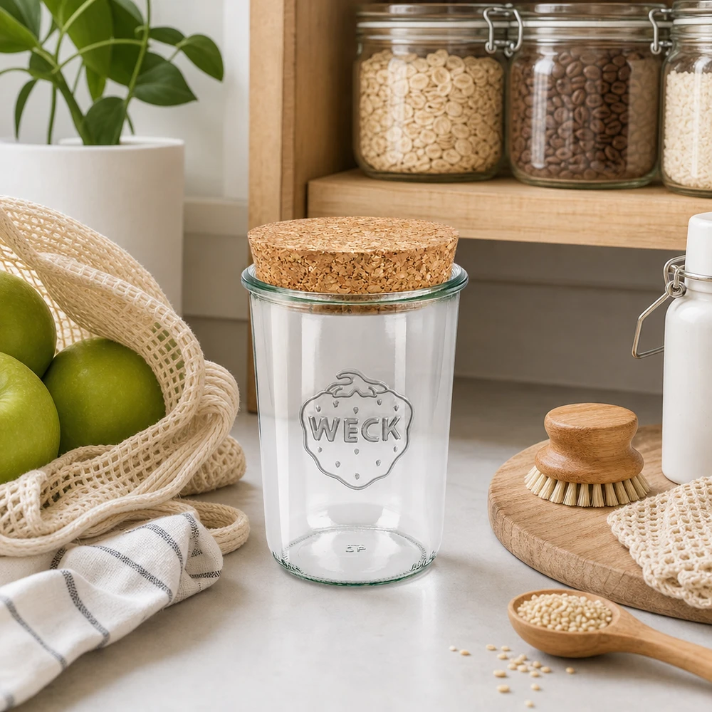 WECK Verre renversé 850ml RR100 avec couvercle en liège dans la cuisine durable à côté des bocaux à provisions de fruits et des ustensiles en bois