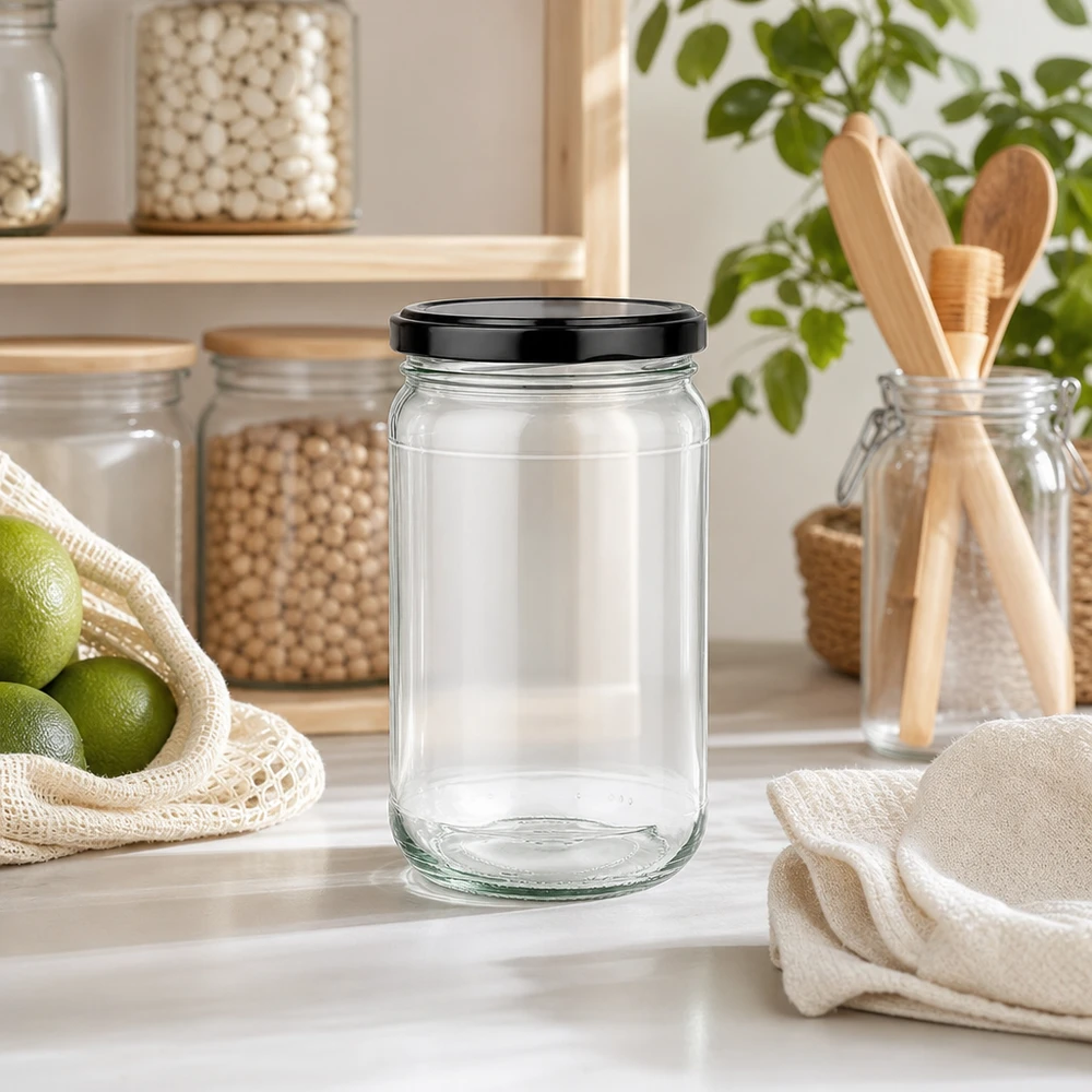 305ml Verre rond avec couvercle BasicSeal noir UNiTWIST 305ml Rundglas UNiTWIST mit schwarzem Deckel in moderner Zero-Waste Küche neben Holzutensilien und Limetten