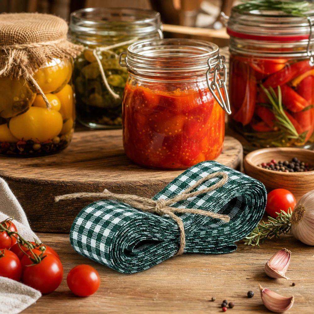 Ruban en tissu vert et blanc pour la décoration, 300 cm Ruban décoratif vert et blanc 300cm dans une cuisine rustique avec des bocaux et des tomates fraîches comme inspiration de décoration
