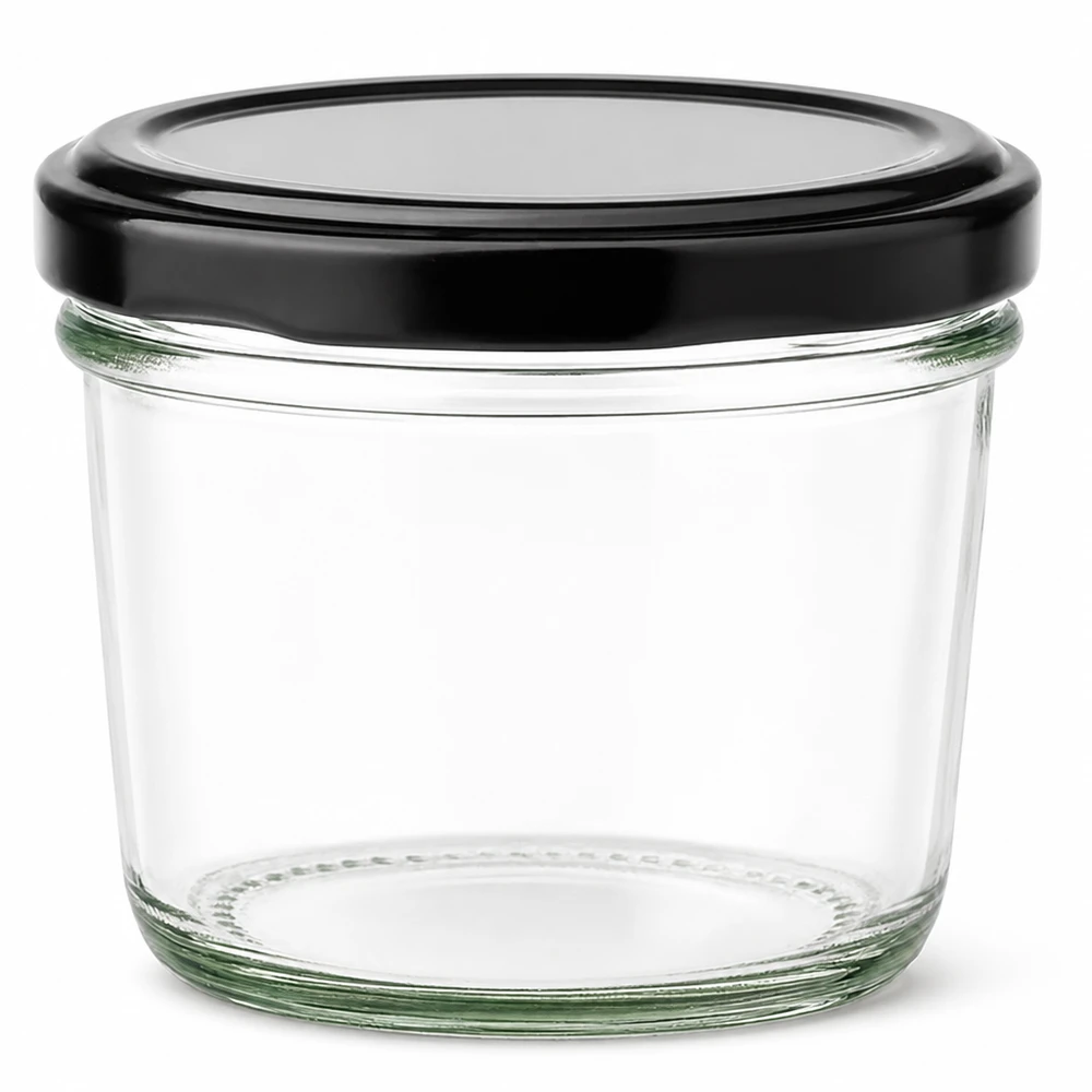 230ml Verre conique avec couvercle BasicSeal noir UNiTWIST Pot renversé de 230 ml avec couvercle BasicSeal noir en verre transparent pour confitures et conserves