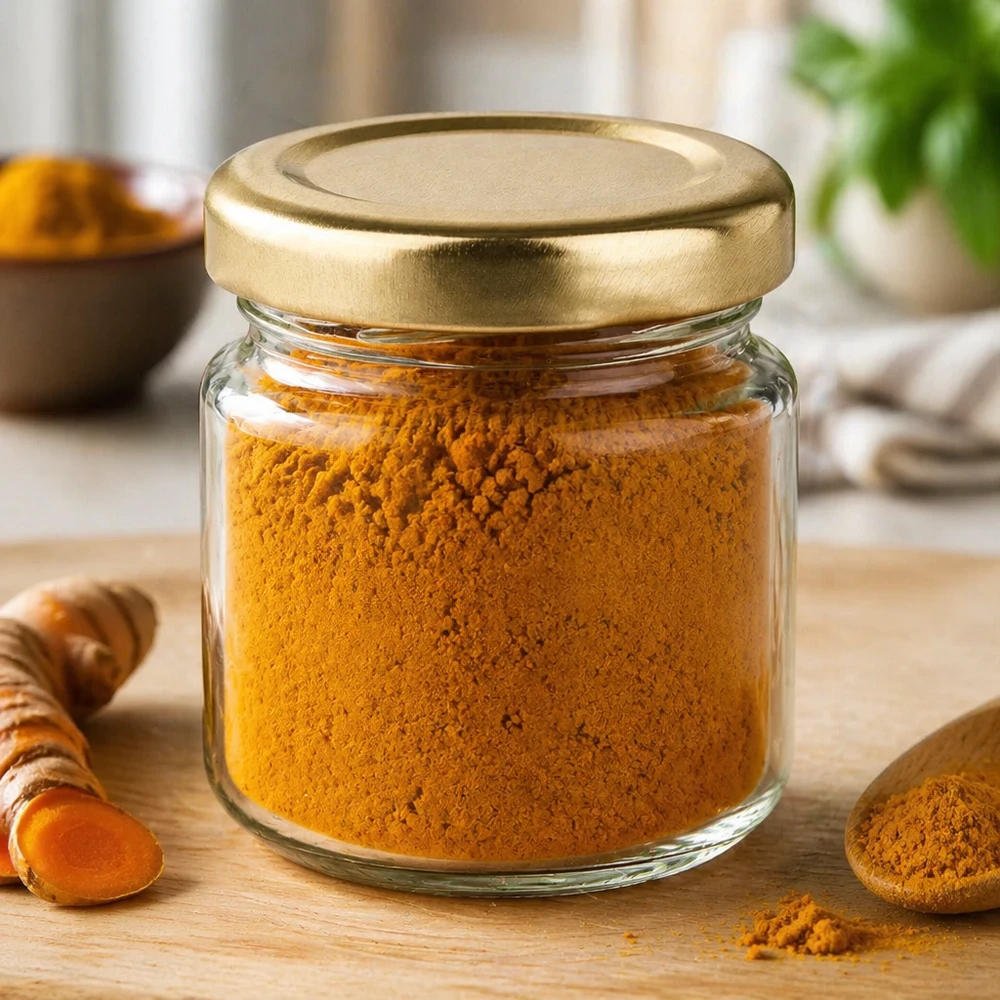 53ml Verre rond avec couvercle BasicSeal or UNiTWIST 53ml pot rond UNiTWIST rempli de poudre de curcuma montre utilisation comme pot à épices avec couvercle doré
