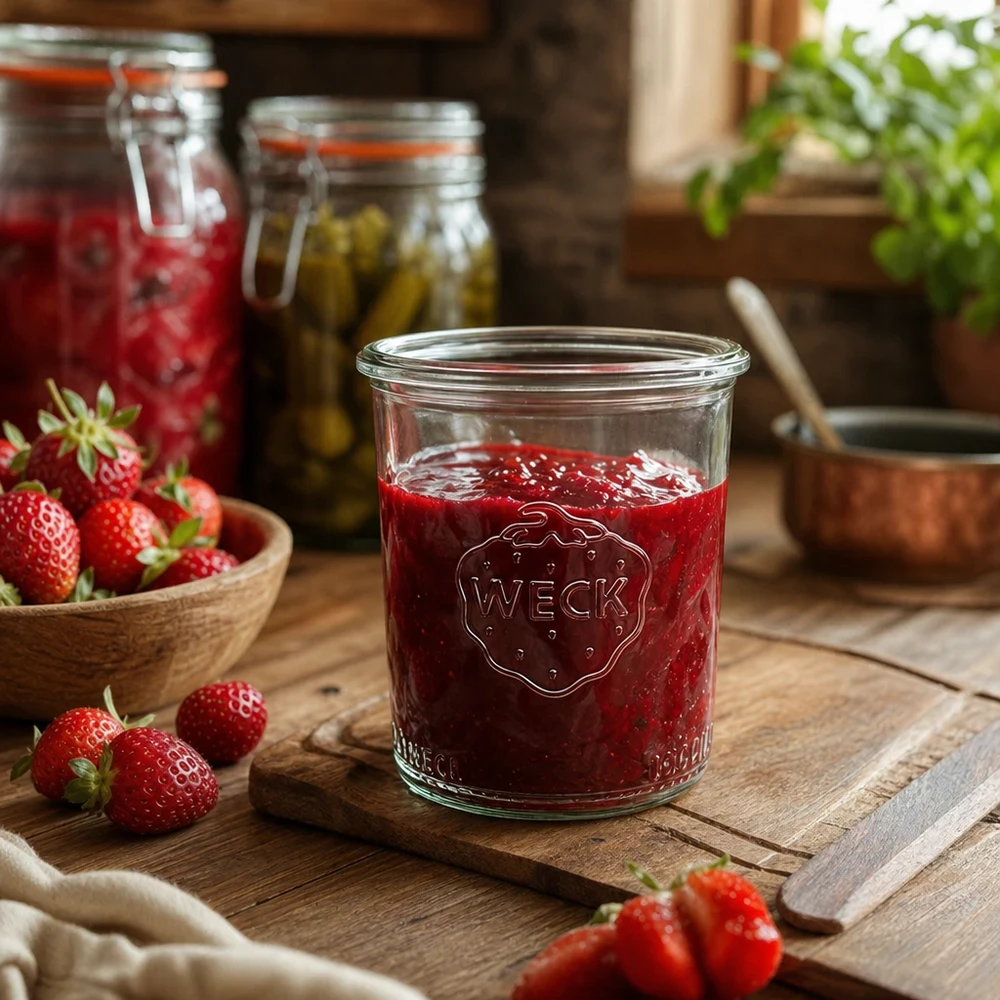 WECK Pot renversé 160ml RR60 rempli de confiture de fraises sur table en bois avec fraises fraîches et bocaux de conservation