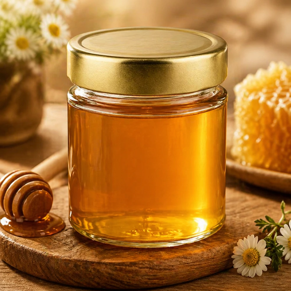 154ml Verre rond avec couvercle BasicSeal or UNiTWIST 154ml pot rond avec couvercle doré rempli de miel pot de miel avec cuillère à miel fleurs produit naturel