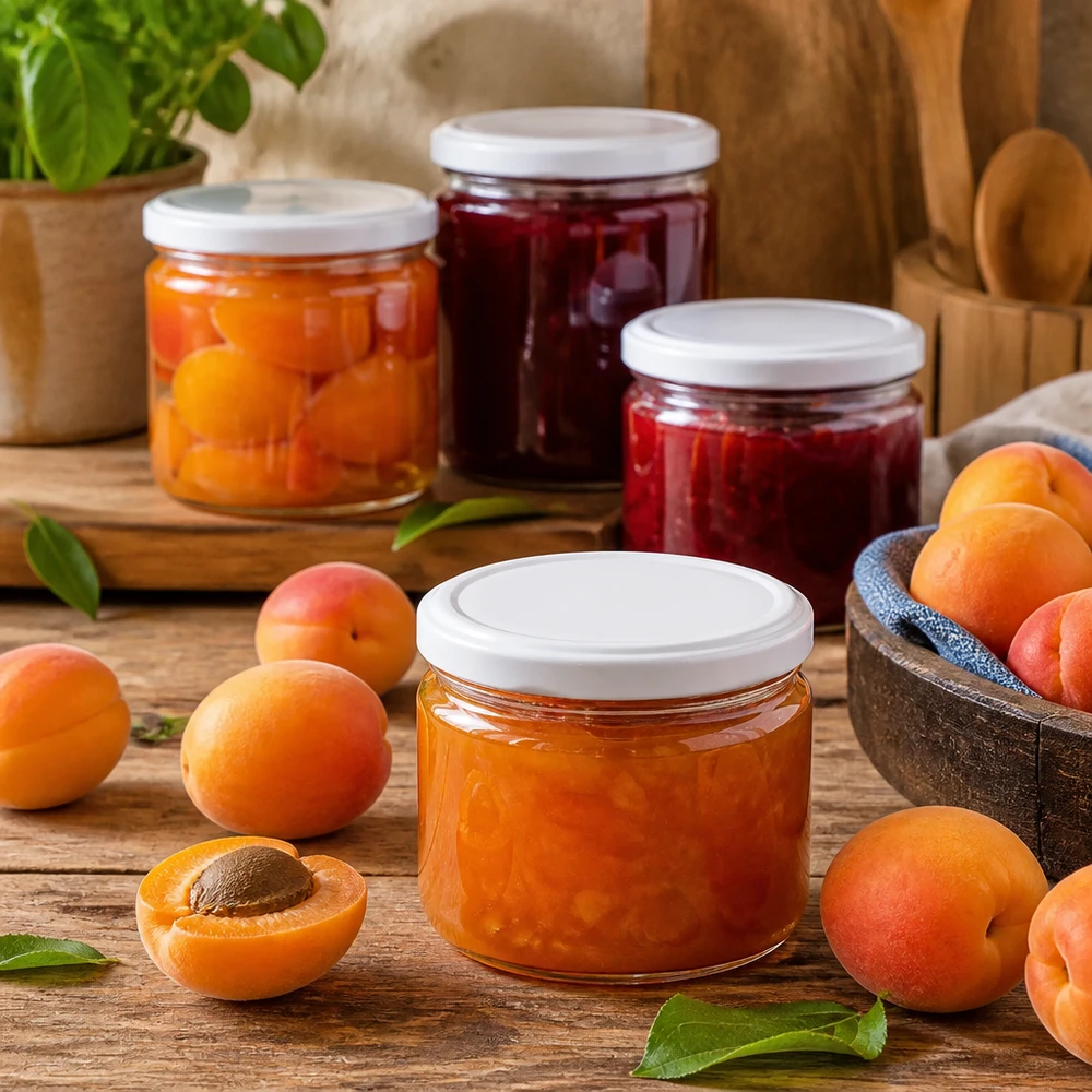 Pot rond BasicSeal blanc de 540ml rempli de confiture d'abricots - pratique pour les confitures et les conserves
