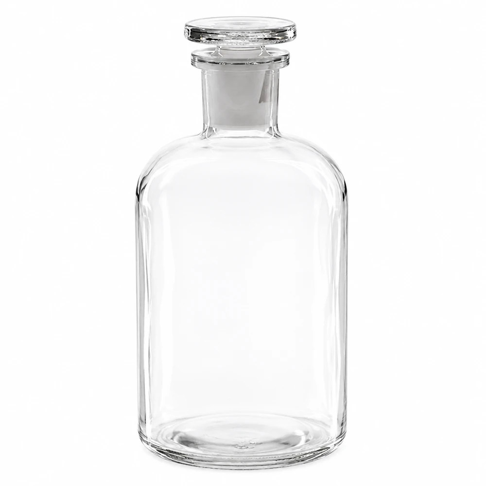 Flacon pharmaceutique 500 ml col étroit en verre clair + bouchon Bouteille à épaules arrondies de 500 ml, transparente, avec bouchon en verre, en verre borosilicaté de haute qualité