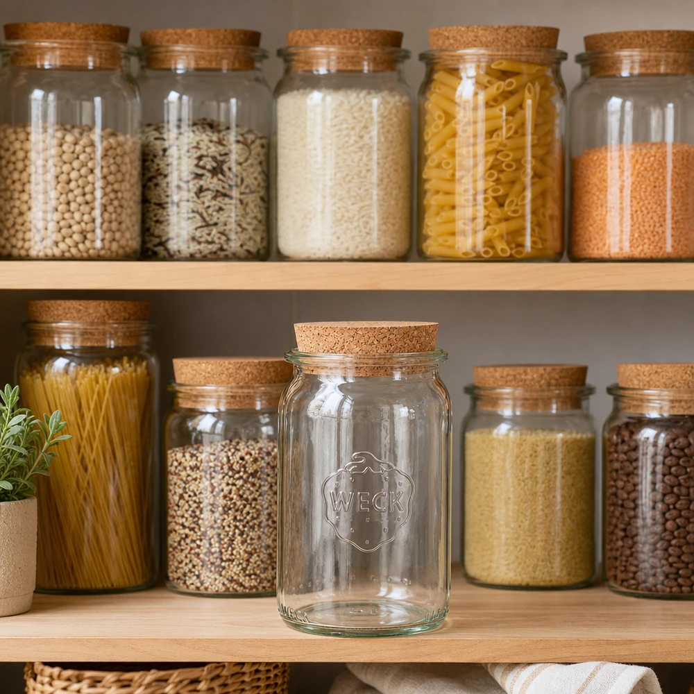 145ml bocal cylindrique WECK RR40 avec bouchon nature WECK Vorratsglas 145ml in stylischer Küchenorganisation mit Korkverschluss zwischen gefüllten Vorratsgläsern auf Holzreg