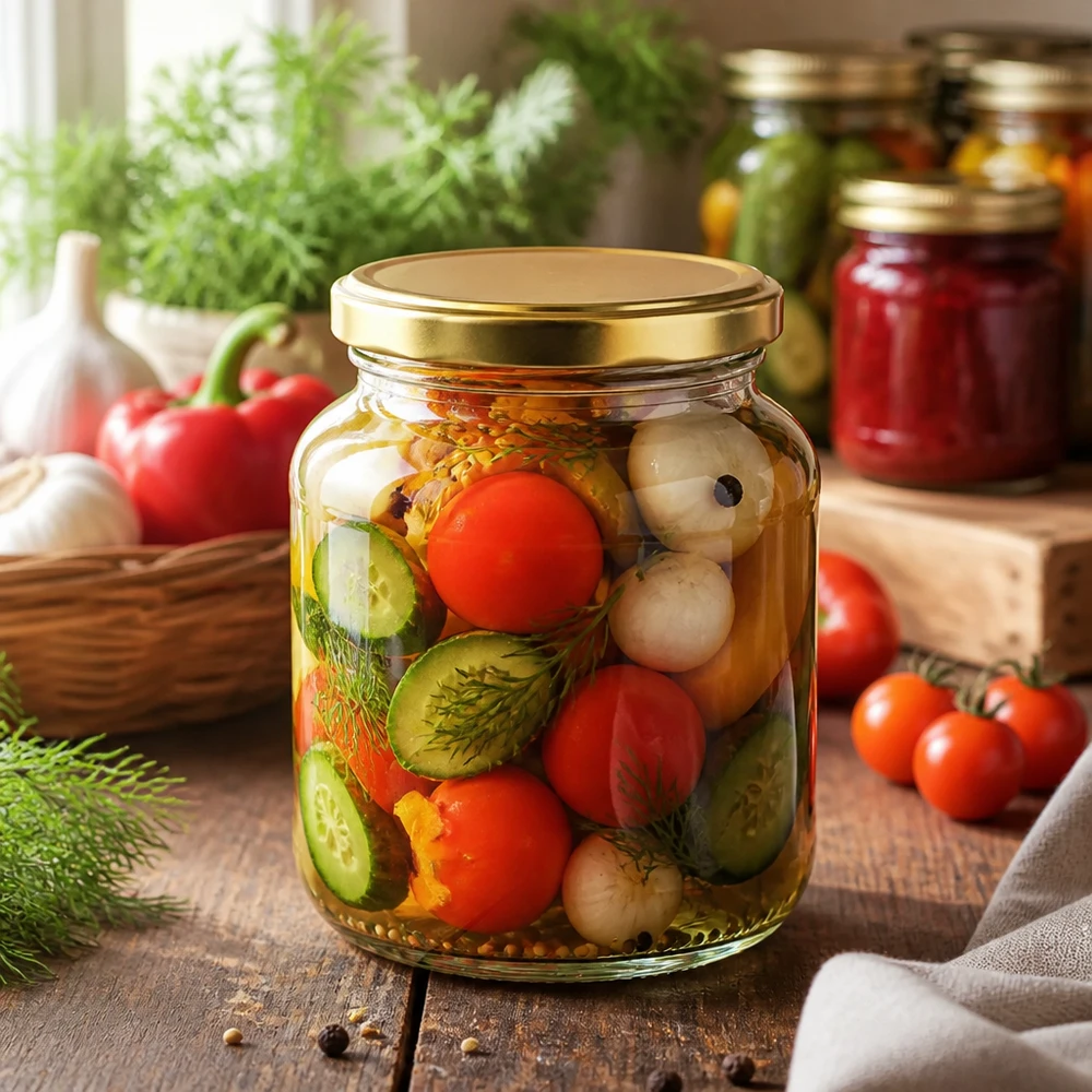 370ml bocal ovale rempli de légumes marinés - BasicSeal couvercle doré UNiTWIST pour la conservation et la mise en pot