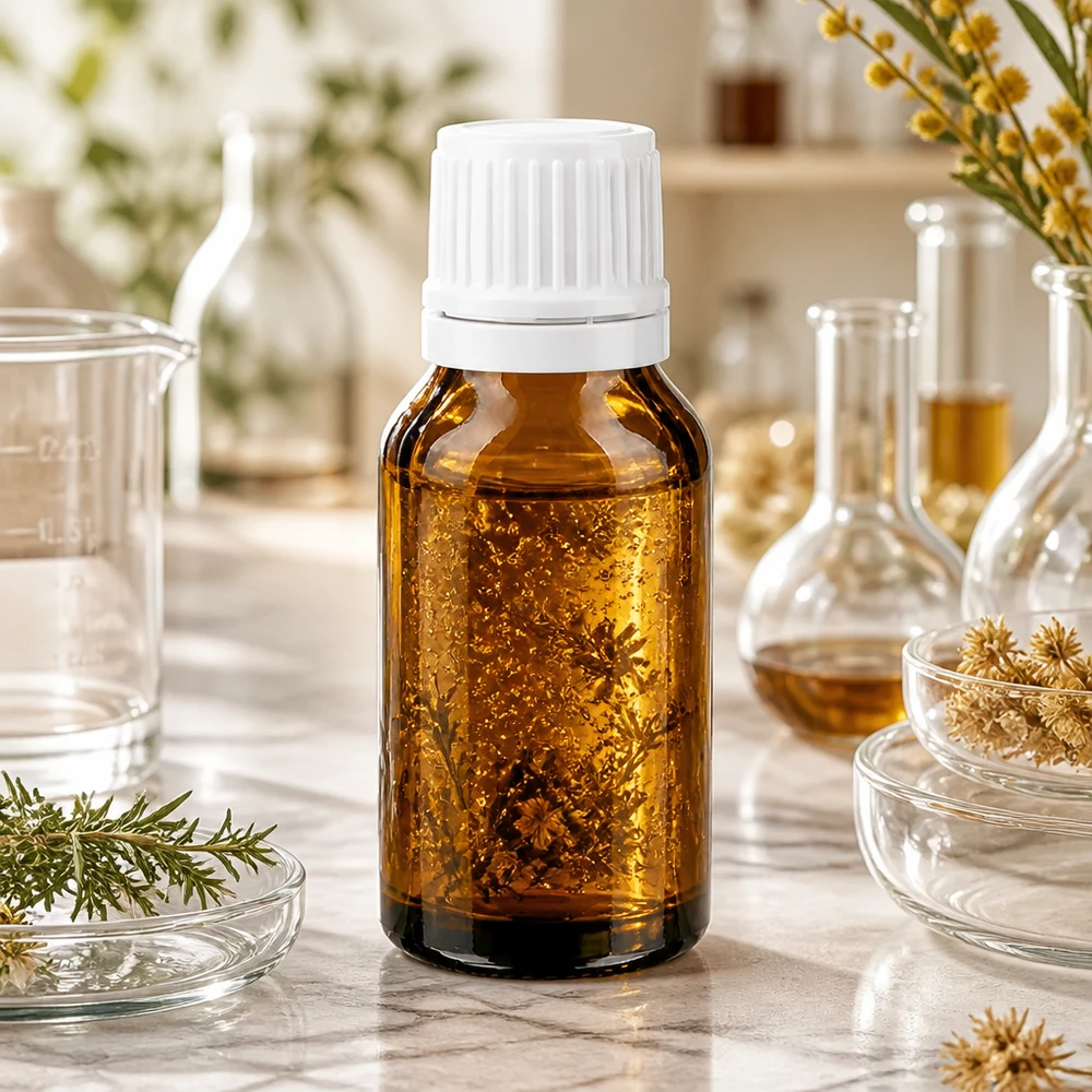 Flacon en verre brun 15ml avec bouchon à vis blanc VR Flacon de médicament en verre ambré de 15 ml avec bouchon à vis blanc, entre des fioles de laboratoire et des plantes médicinales