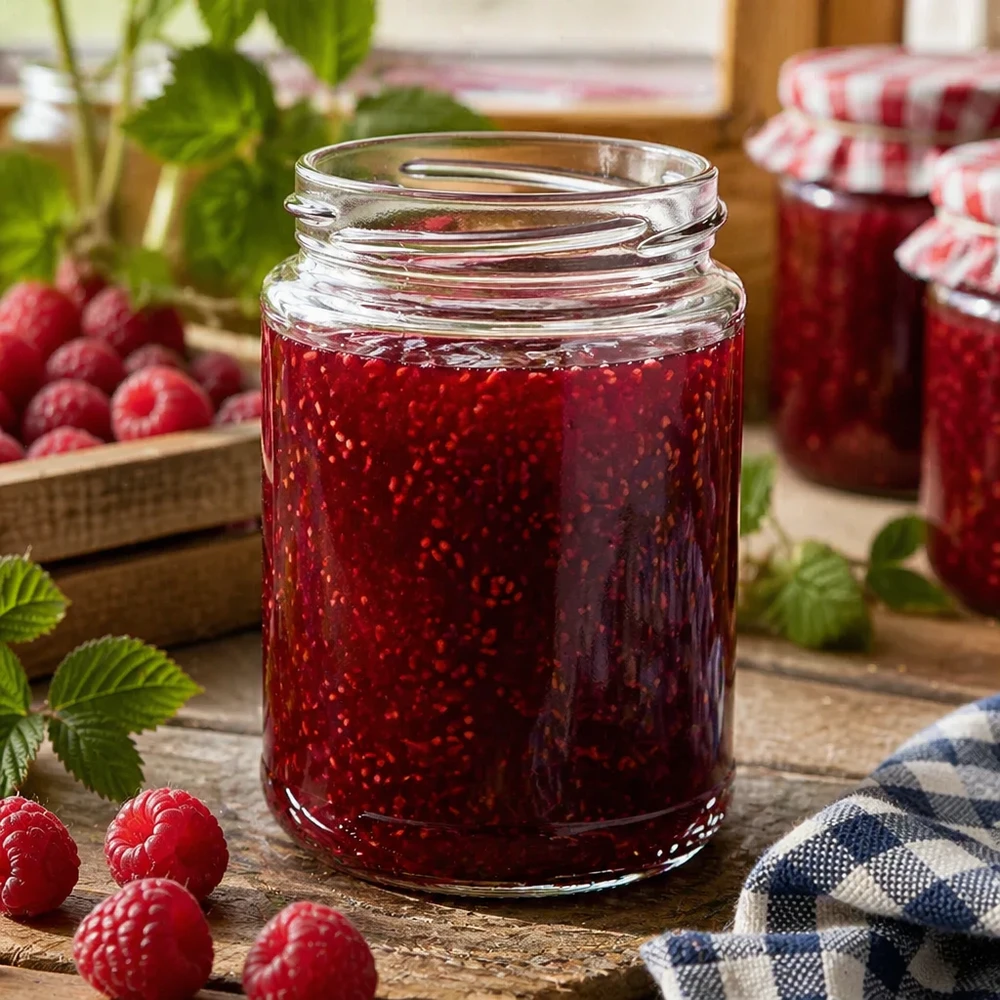 UNiTWIST Runda390 Verre rond 390ml TO70 rempli de confiture de framboises sur table en bois avec framboises fraîches