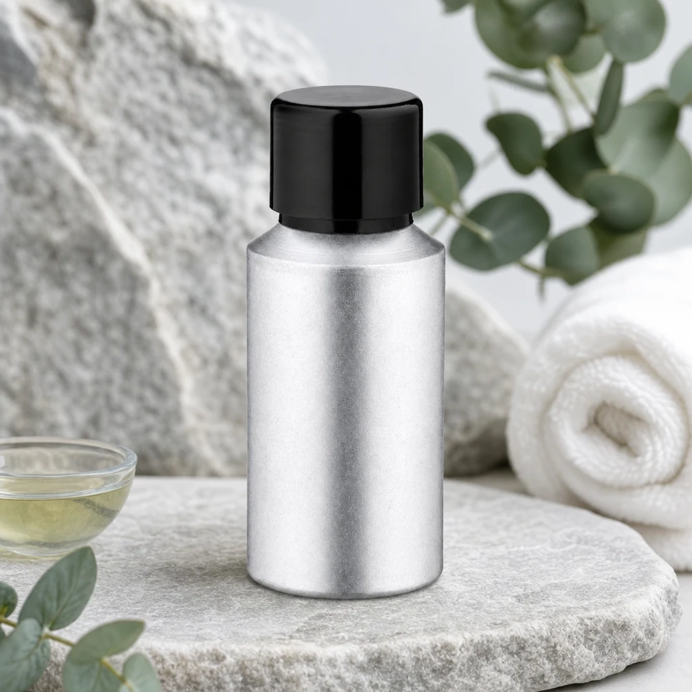 Bouteille en aluminium teinté 30 ml, avec bouchon à vis noir et joint conique Bouteille réutilisable de 30 ml en aluminium décapé, avec aluminium écologique et couvercle rigide