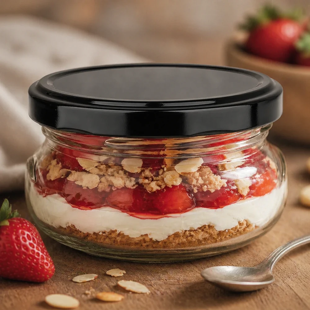 120ml Verre terrine avec couvercle BasicSeal noir UNiTWIST Pot à terrine de 120 ml rempli de dessert aux fraises et de crumble, couvercle noir, dessert en couches dans le pot prêt à servir