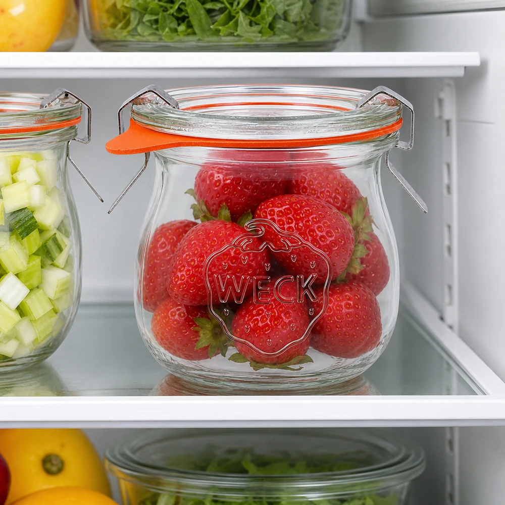 75ml bocal tulipe complet WECK RR40 WECK Pot tulipe 75ml RR40 avec fraises fraîches dans le réfrigérateur pour une conservation optimale des fruits et des aliments