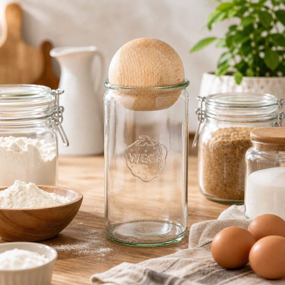WECK Pot cylindrique 1590ml RR100 avec boule en bois de hêtre dans la cuisine de la boulangerie avec farine, œufs et ingrédients de cuisson