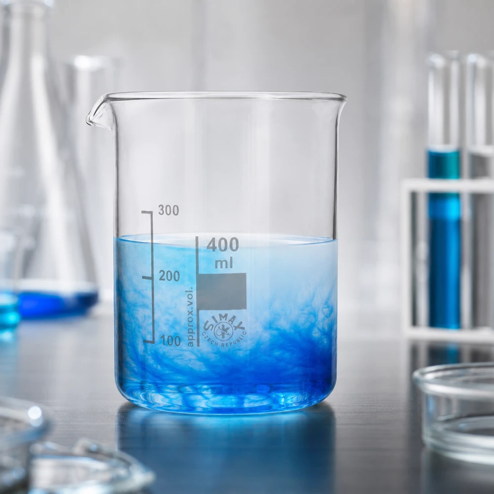 Bécher 400ml en verre borosilicate résistant à la chaleur (forme basse) Gobelet transparent de 400 ml avec liquide bleu et graduation en millilitres bien visible