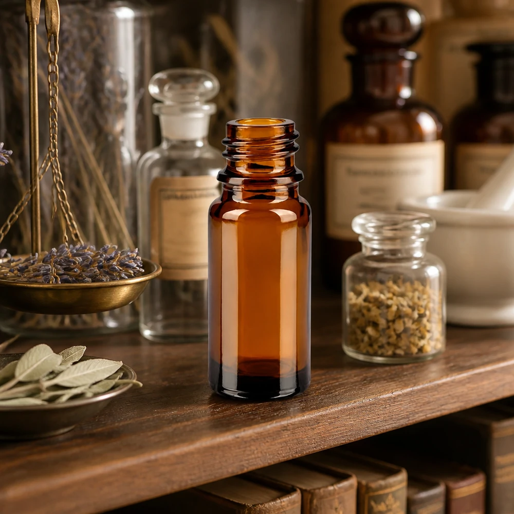 Flacon compte-gouttes 10 ml DIN18 - verre brun Bouteille de pharmacie brune de 10ml ApoGlas avec balance de pharmacie vintage et herbes médicinales sur étagère en bois