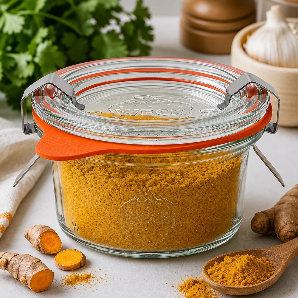 50ml bocal conique complet WECK RR60 WECK Pot renversé de 50 ml RR60 rempli de poudre de curcuma entouré de racines de curcuma fraîches et d'épices sur la table de cuisine