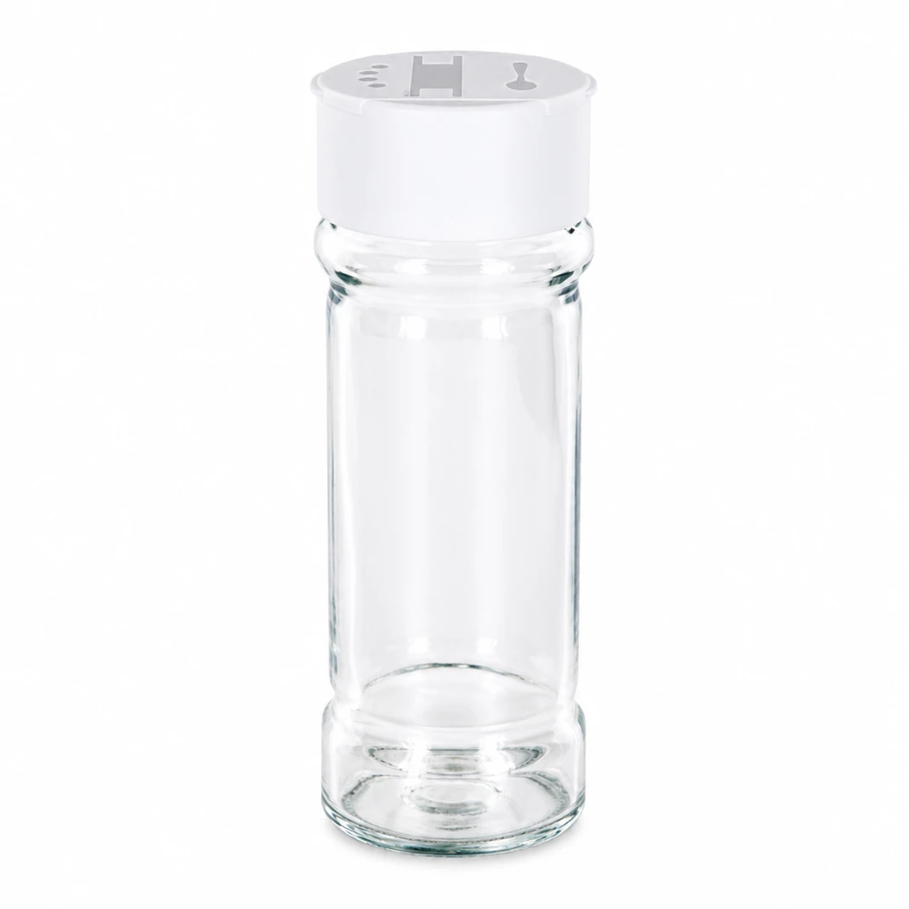 Pot à épices vide de 100 ml en verre transparent avec couvercle blanc à double saupoudreuse