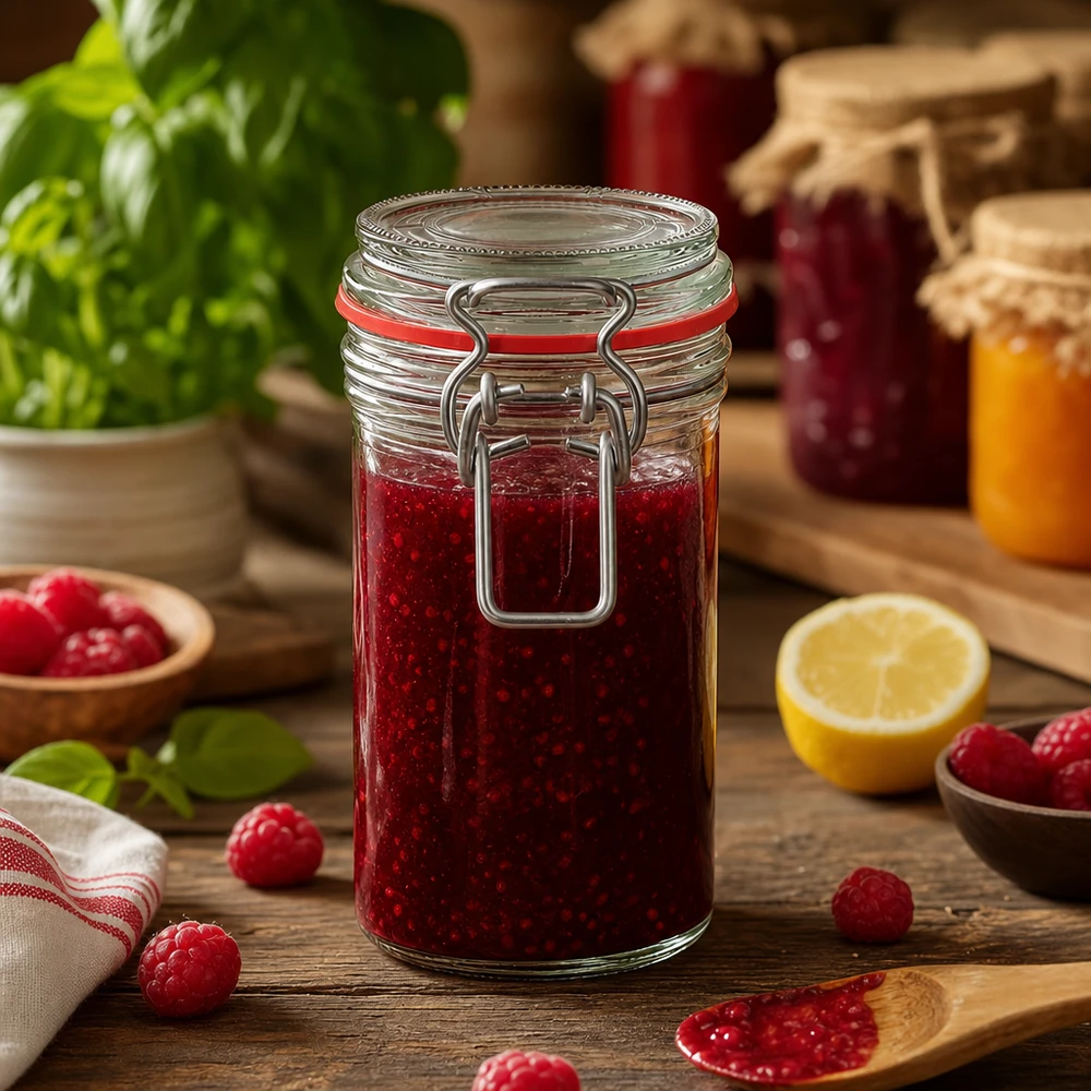 Bocal de conservation de 272 ml, type G, avec bouchon à clip UN.. Pot à provisions de 272 ml avec fermeture à étrier rempli de confiture rouge sur table en bois avec framboises fraîches et citron