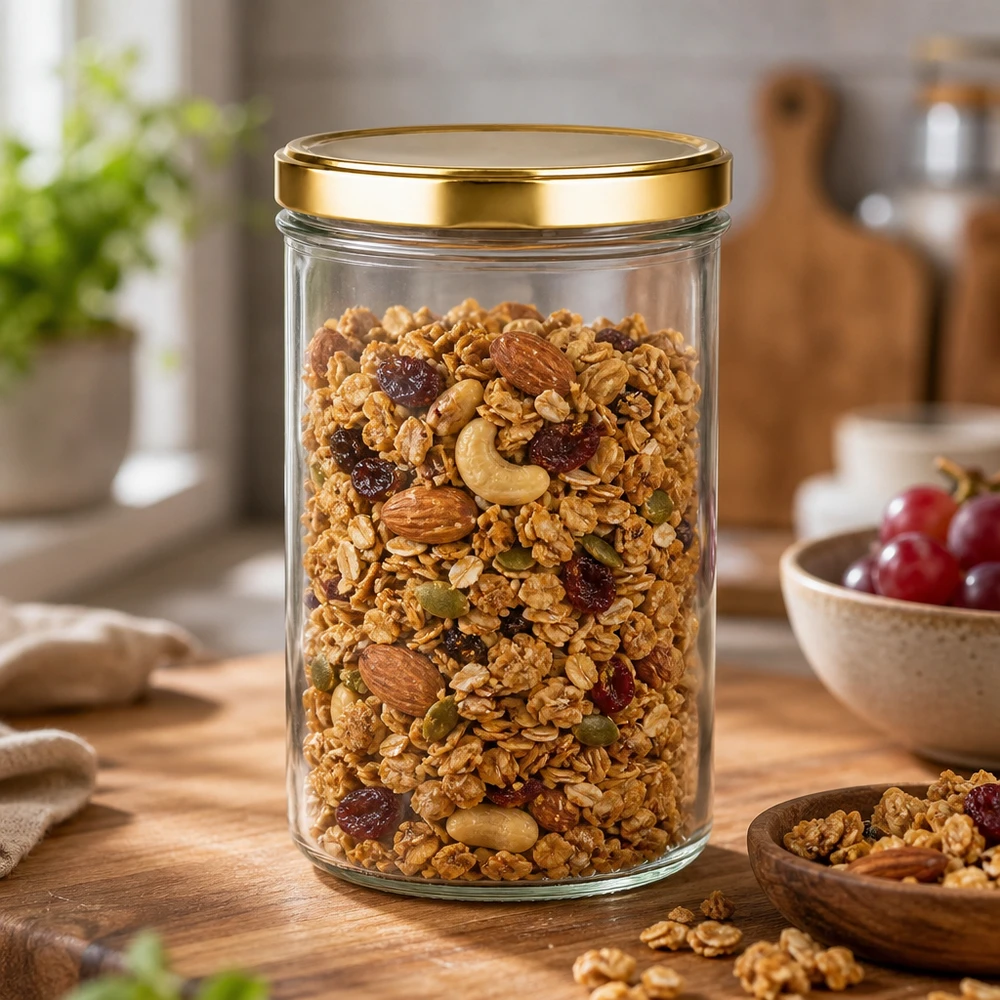 277ml Verre conique avec couvercle BasicSeal or UNiTWIST Verre renversé de 277 ml avec couvercle doré UNiTWIST rempli de céréales, de noix et de fruits secs pour la cuisine.