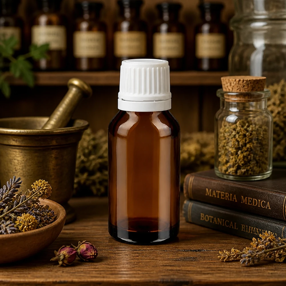 Flacon de pharmacie marron de 15 ml avec bouchon à vis blanc, posé sur une table en bois rustique