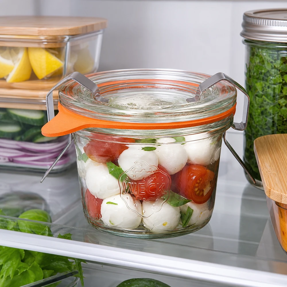 35ml bocal conique complet WECK RR40 WECK Pot renversé 35ml RR40 dans le réfrigérateur rempli de salade Caprese montre une conservation pratique des aliments frais