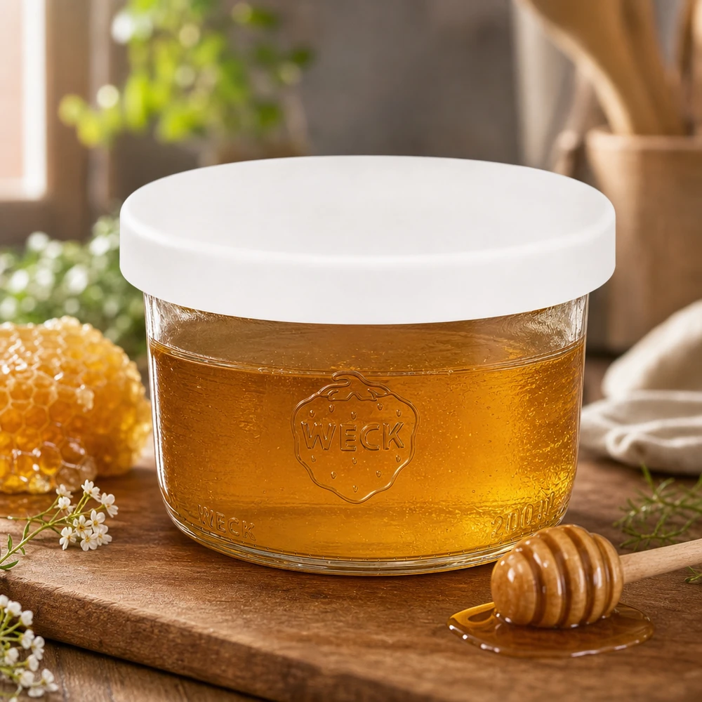 WECK Pot renversé 200ml RR80 rempli de miel Couvercle en silicone blanc Pot à miel sur planche en bois avec cuillère à miel