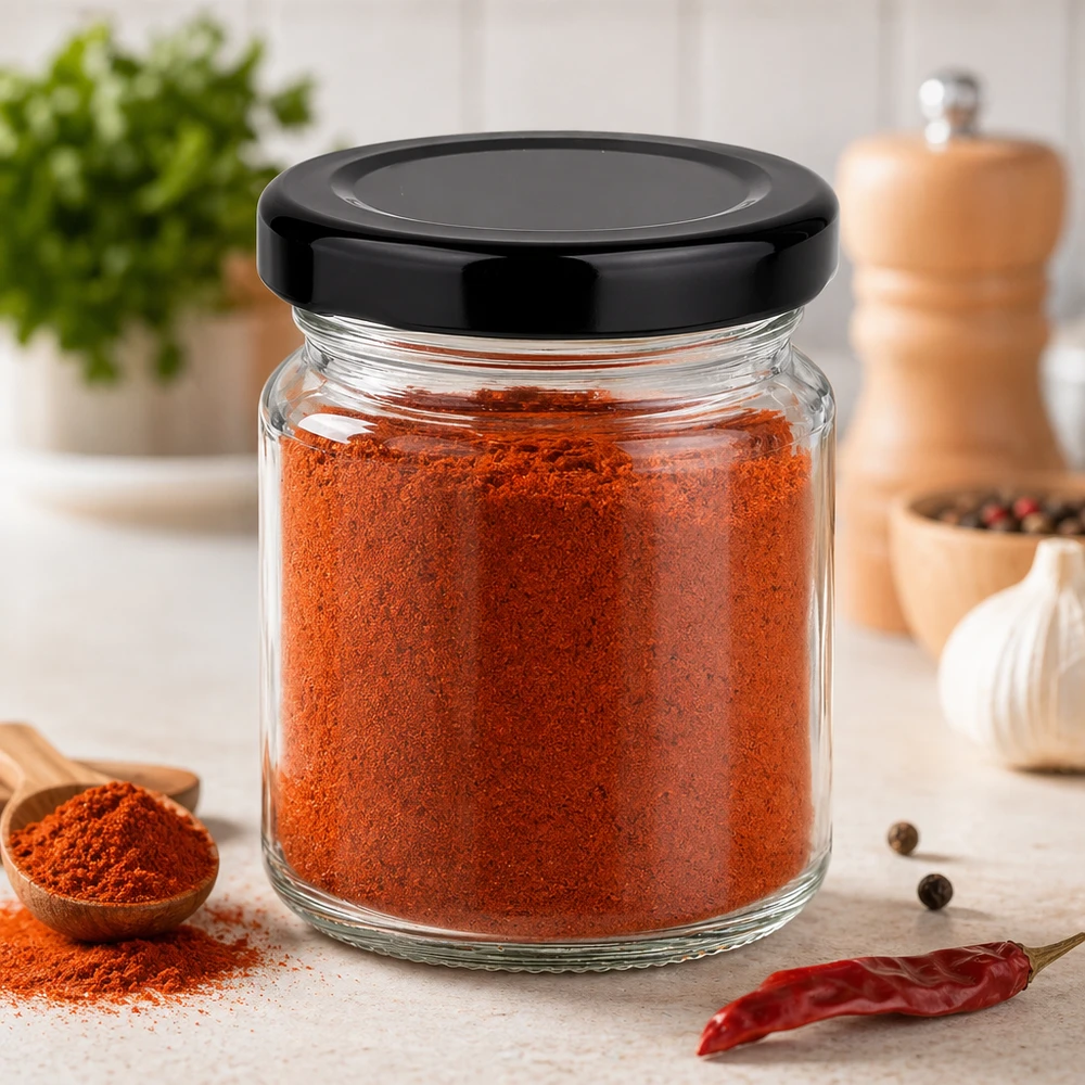 53ml Verre rond avec couvercle BasicSeal noir UNiTWIST Pot rond de 53ml avec couvercle noir rempli de paprika rouge en poudre dans la cuisine moderne Conservation des épices