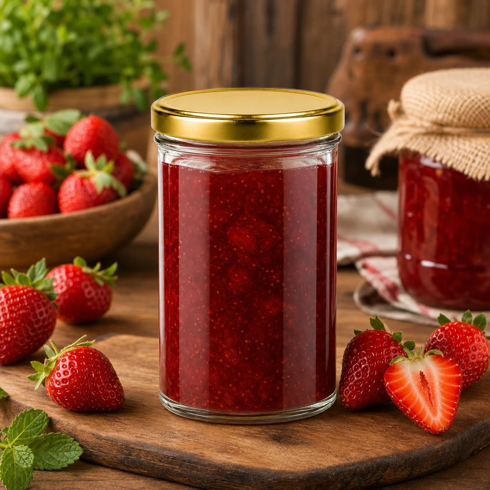 Le bocal UNiTWIST de 435 ml rempli de confiture de fraises est parfait pour les confitures maison.