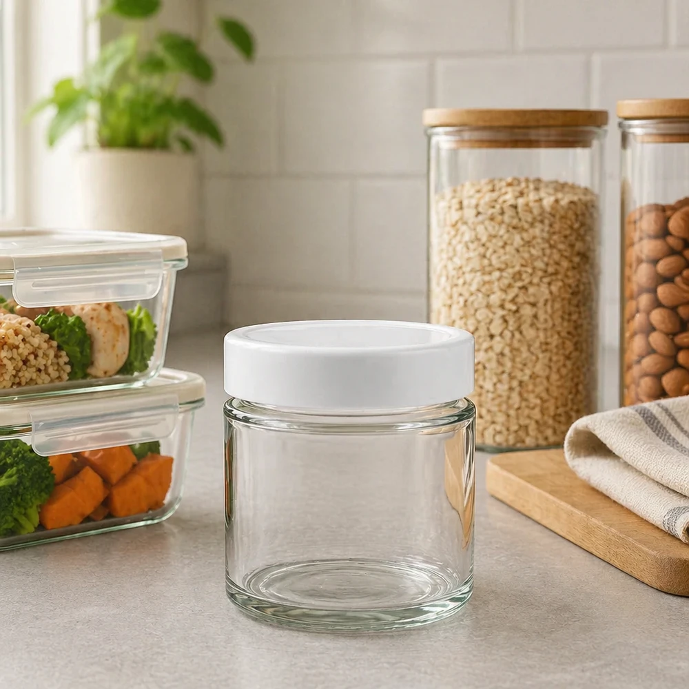 135ml verre rond BasicSeal couvercle blanc dans cuisine environnement Meal Prep Container boîtes à provisions organisation de la cuisine