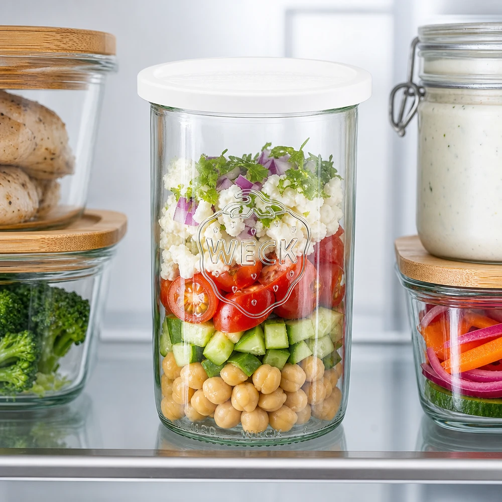 WECK Pot renversé 1000ml RR100 avec salade stratifiée de pois chiches, concombres et tomates montre la fonction Meal Prep dans le réfrigérateur