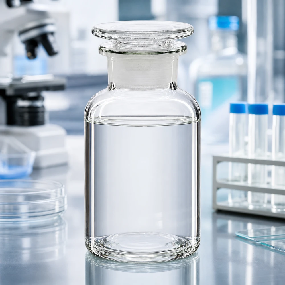 Bouteille à épaulement arrondi de 250 ml, à col large, en verre transparent, avec bouchon en verre, posée sur une paillasse de laboratoire